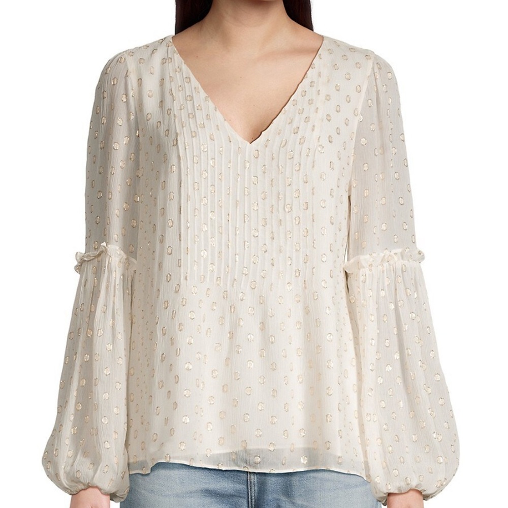 Lily Pulitzer Women’s Cleme Long Sleeve Top in Coconut Viscose Metallic Clip Dot